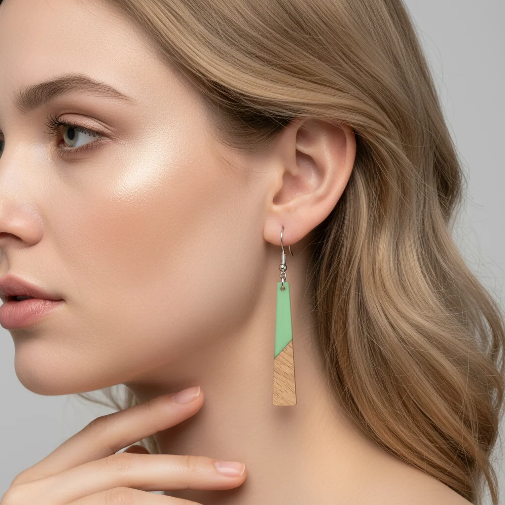 Green Resin & Wood Silvertone Elongated Trapezoid Hook Earrings - Image 5