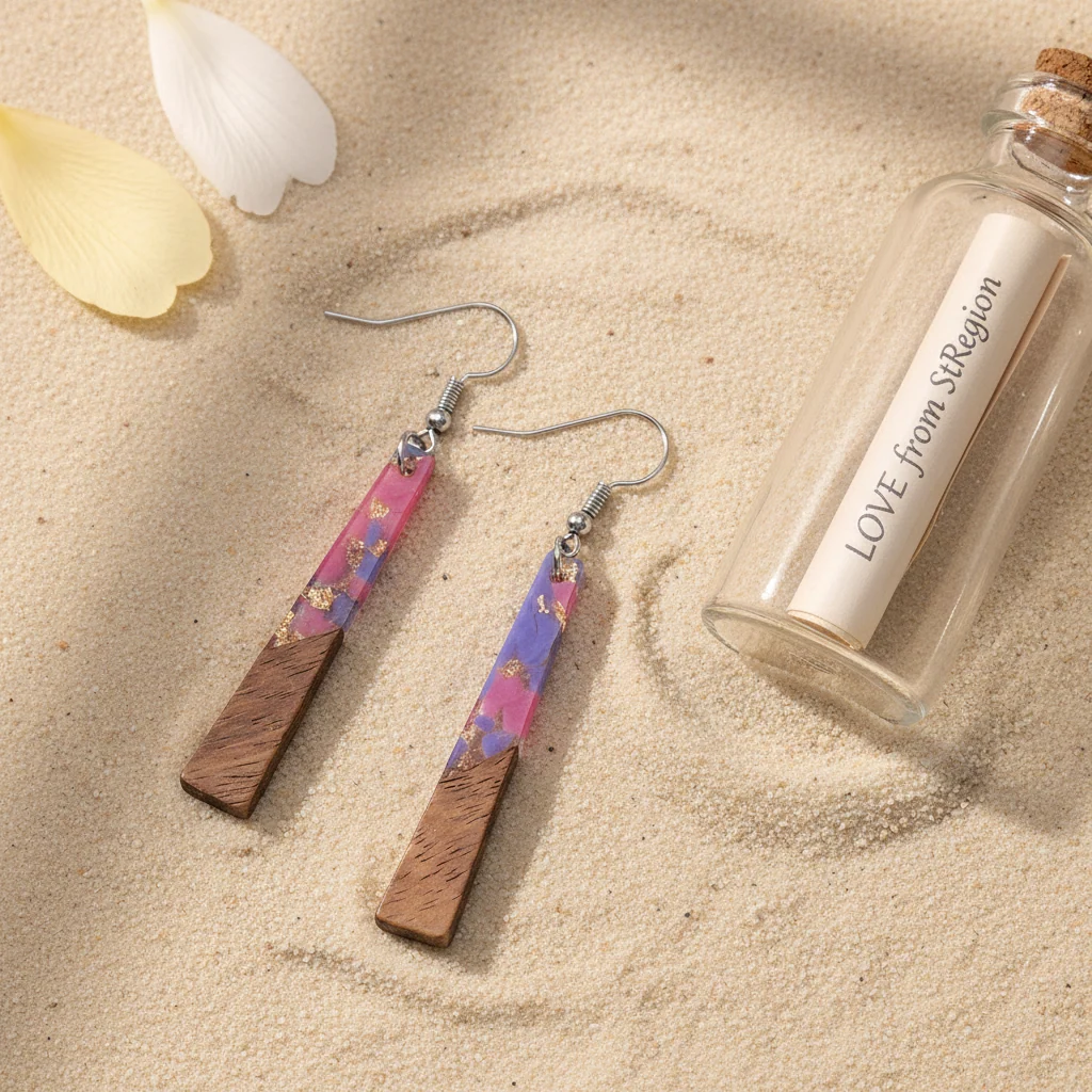 Purple Resin & Wood Silvertone Elongated Trapezoid Hook Earrings - Image 2