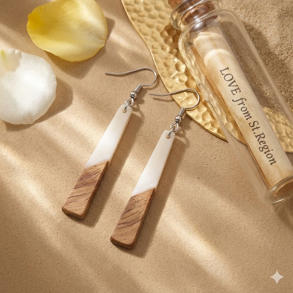 White Resin & Wood Silvertone Elongated Trapezoid Hook Earrings - Image 2