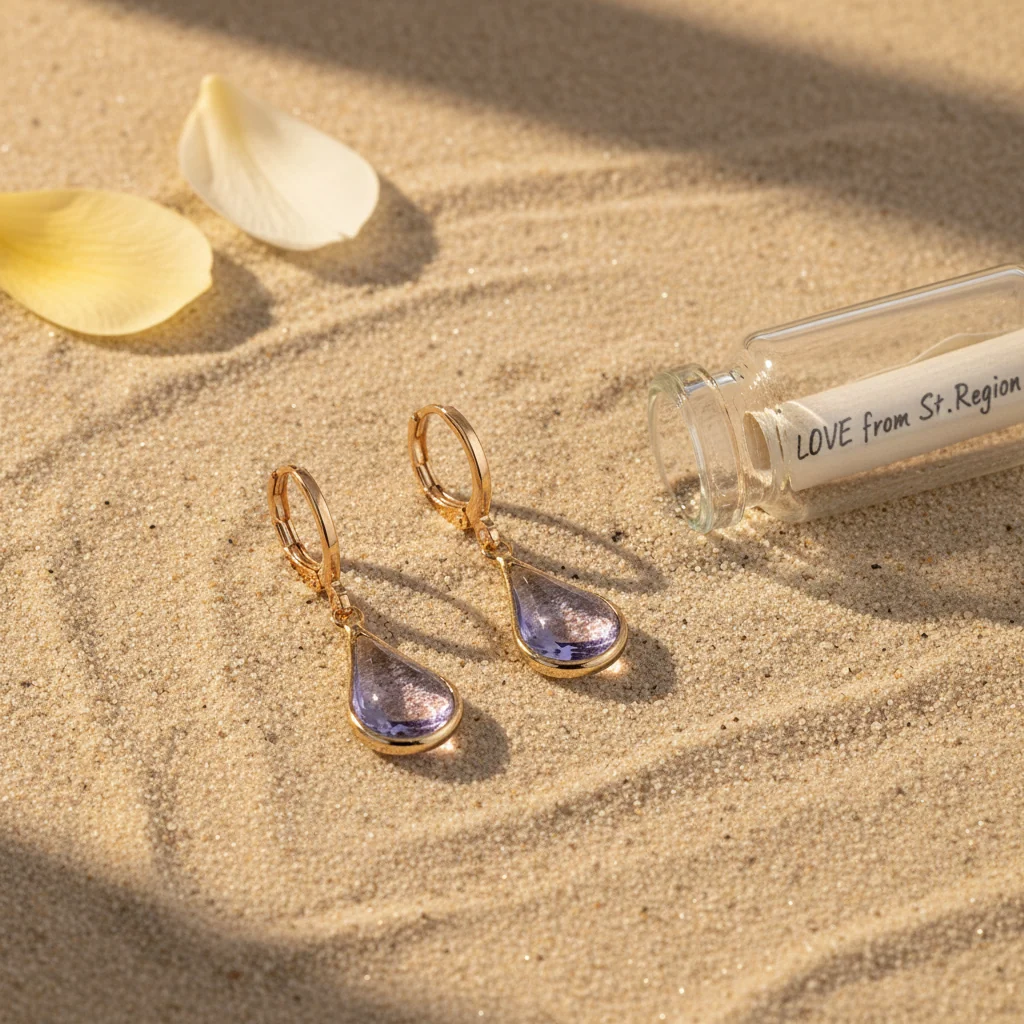 Purple Glass & Goldtone Drop Shape Huggie Earrings - Image 2