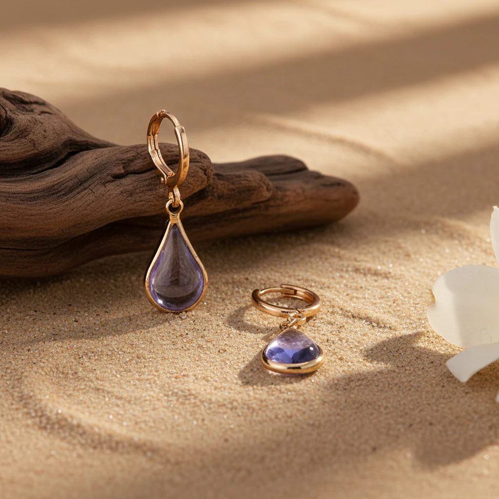 Purple Glass & Goldtone Drop Shape Huggie Earrings - Image 3