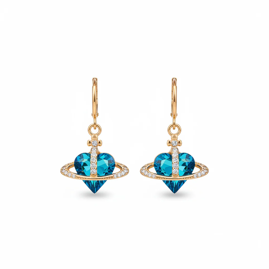 Cobalt Blue Crystal & Cubic Zirconia Goldtone Celestial Heart Huggie Earrings