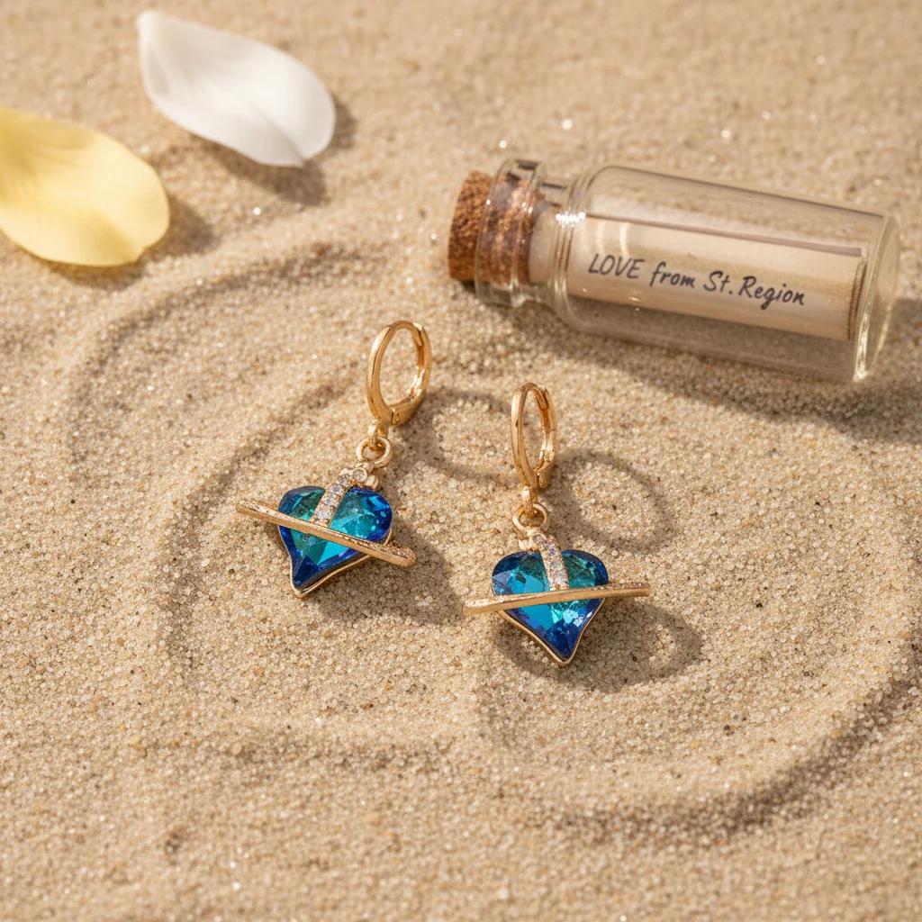 Cobalt Blue Crystal & Cubic Zirconia Goldtone Celestial Heart Huggie Earrings - Image 2