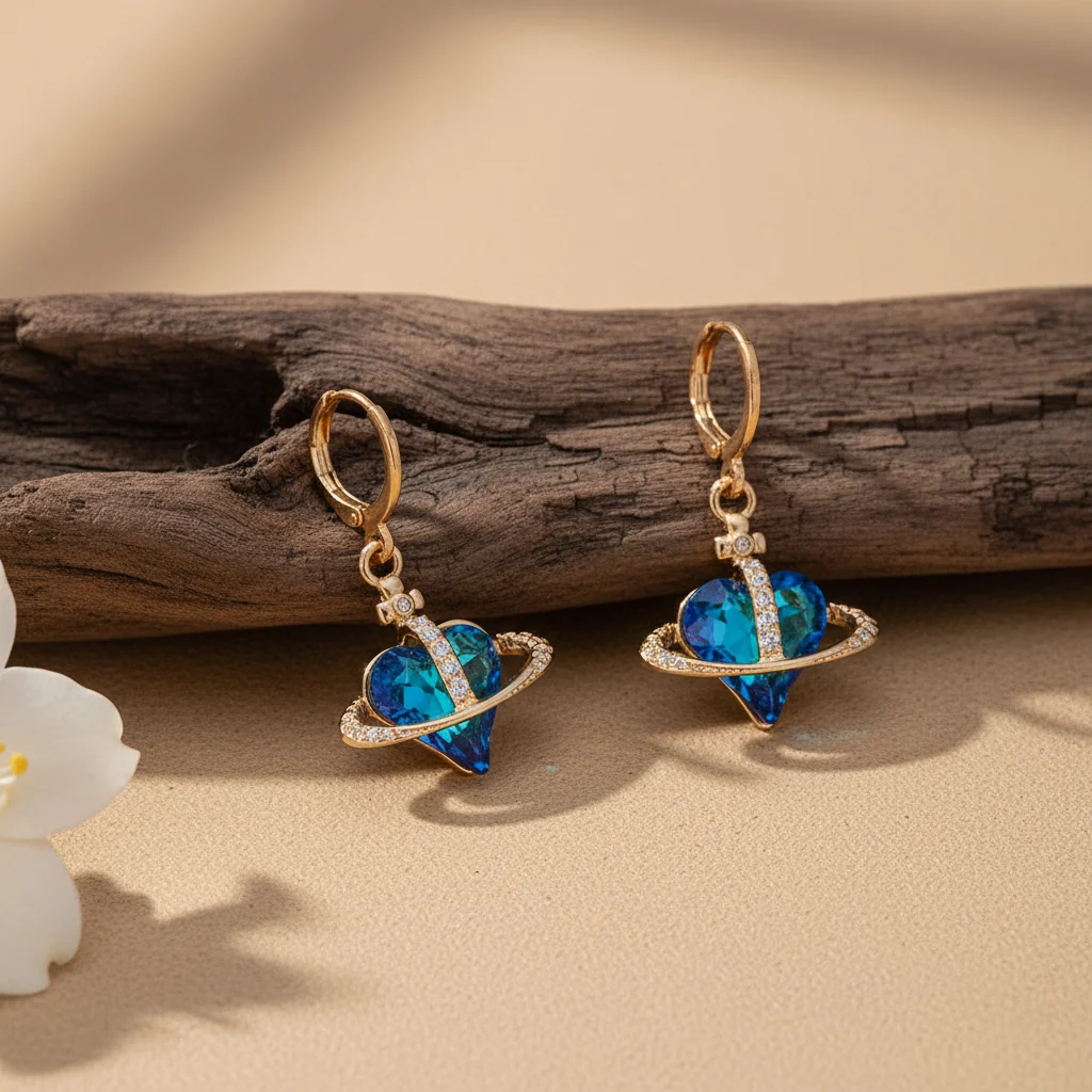 Cobalt Blue Crystal & Cubic Zirconia Goldtone Celestial Heart Huggie Earrings - Image 3