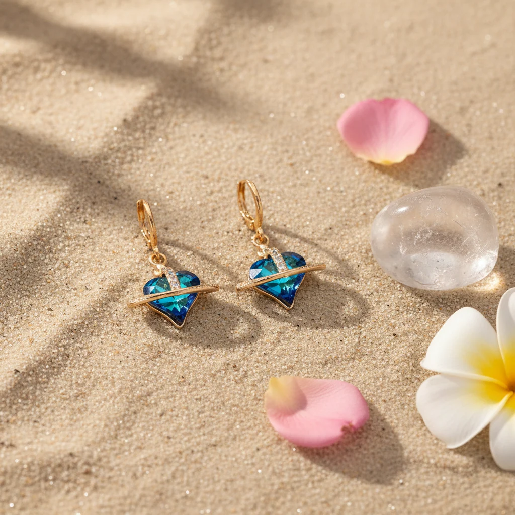 Cobalt Blue Crystal & Cubic Zirconia Goldtone Celestial Heart Huggie Earrings - Image 4
