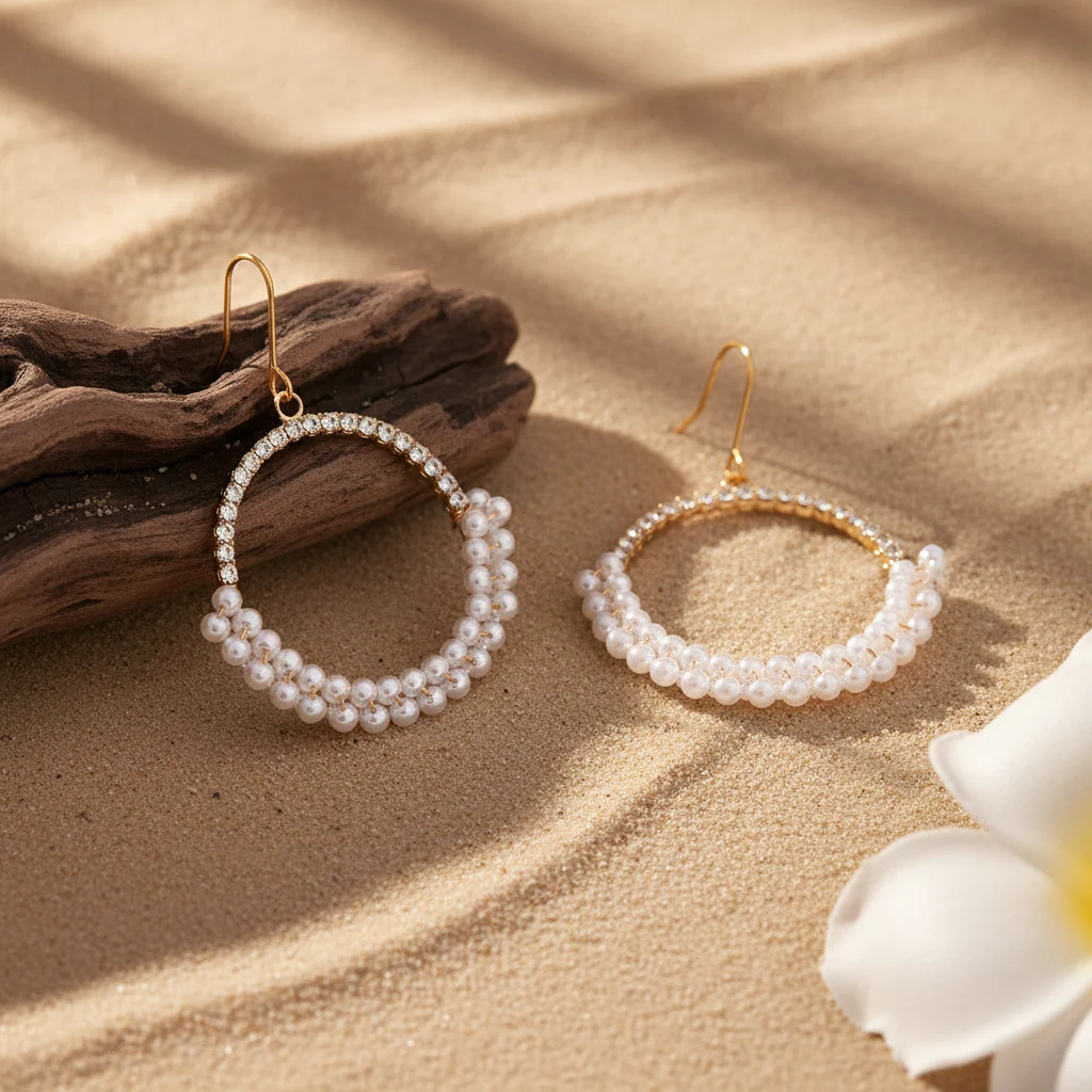 Pearl & Cubic Zirconia Goldtone Beaded Hoop Hook Earrings - Image 3