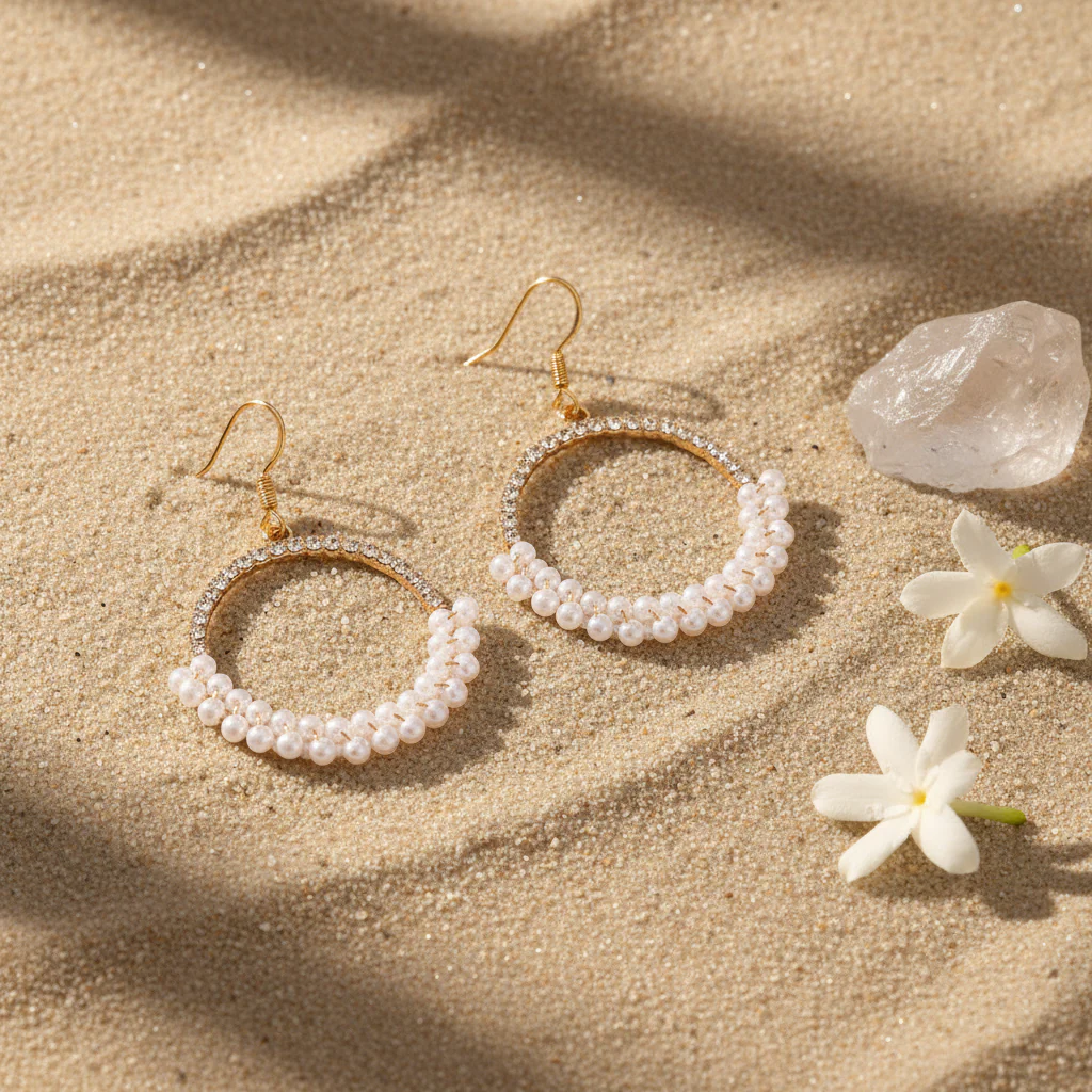 Pearl & Cubic Zirconia Goldtone Beaded Hoop Hook Earrings - Image 4