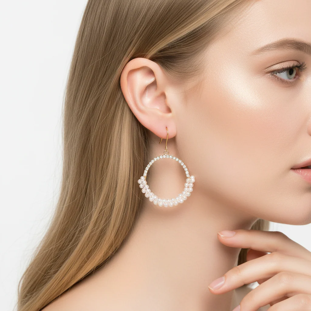 Pearl & Cubic Zirconia Goldtone Beaded Hoop Hook Earrings - Image 5