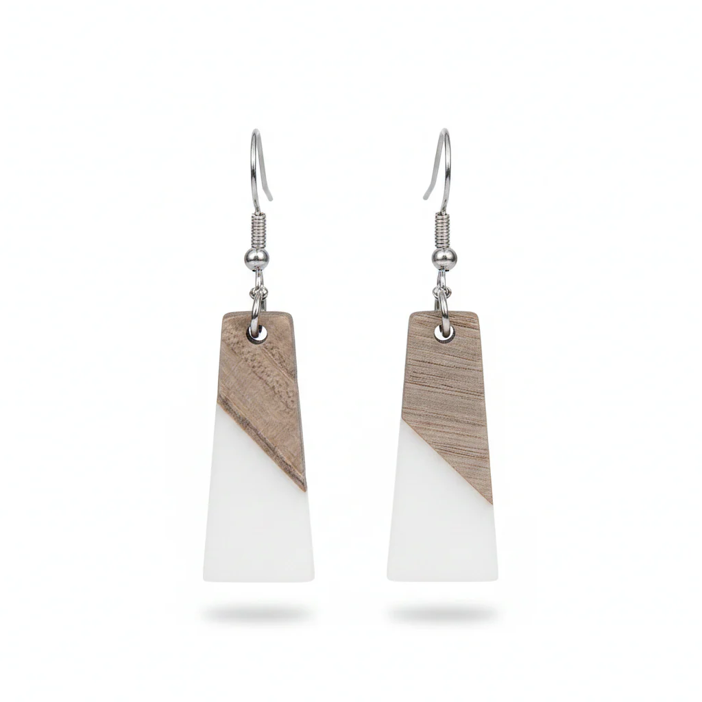 White Resin & Wood Silvertone Patchwork Trapezoid Hook Earrings