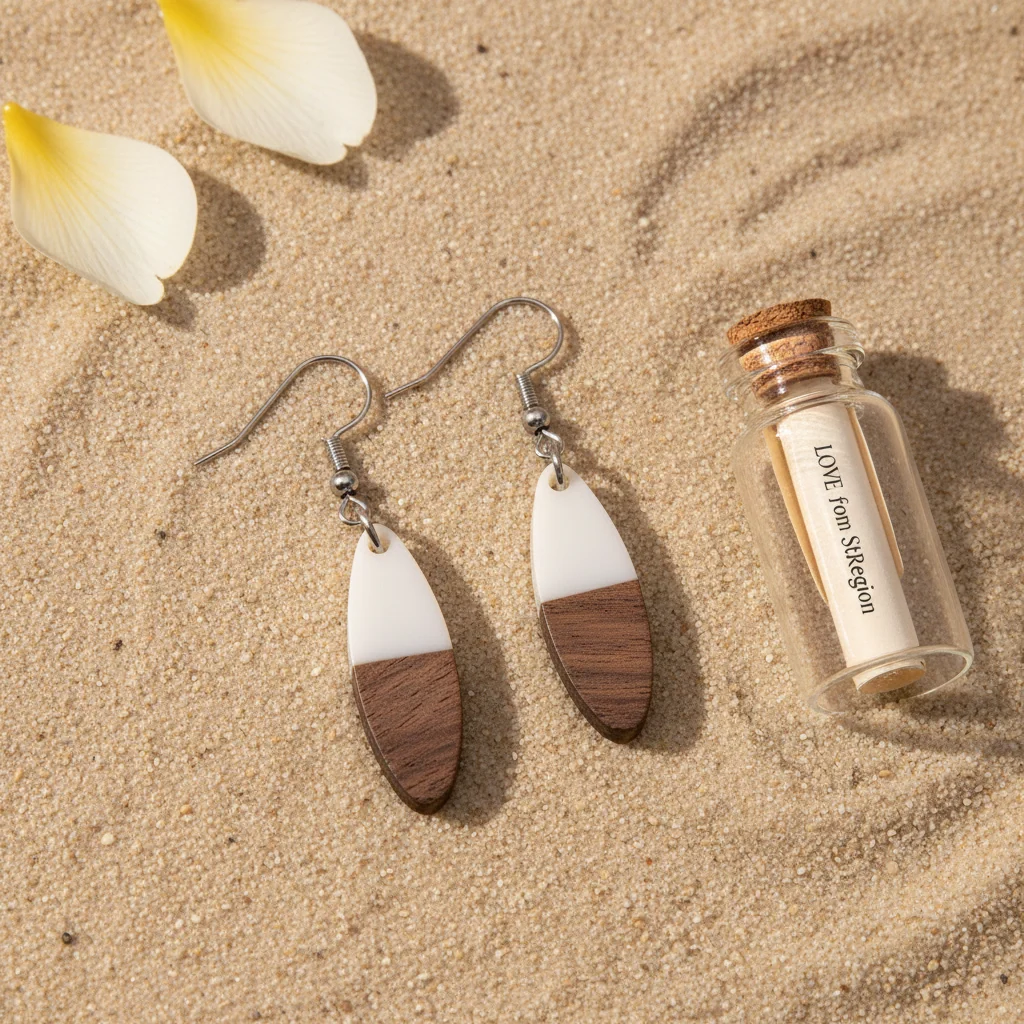 White Resin & Wood Silvertone Patchwork Oval Hook Earrings - Image 4