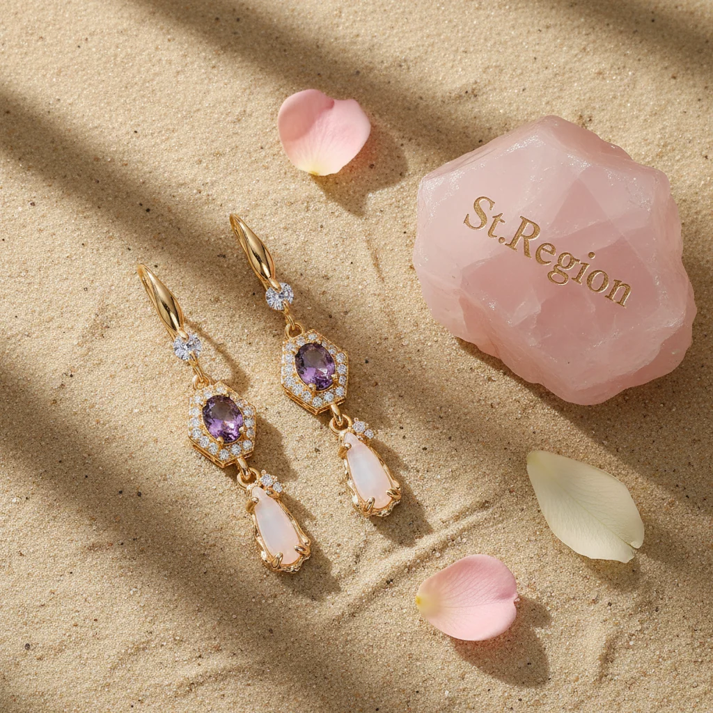 Purple Crystal & Jade Cubic Zirconia Goldtone Hexagon Drop Earrings - Image 3