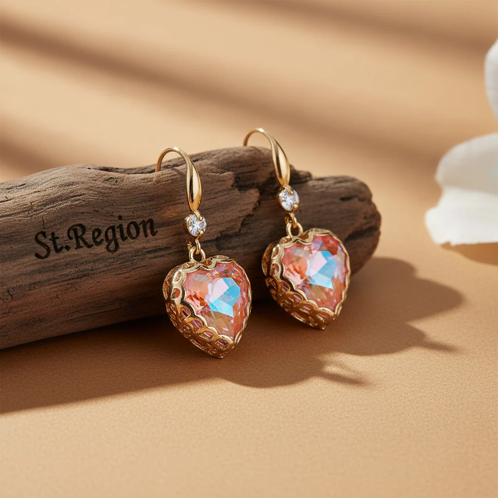 Orange Iridescent Crystal & Cubic Zirconia Goldtone Heart Hook Earrings - Image 2