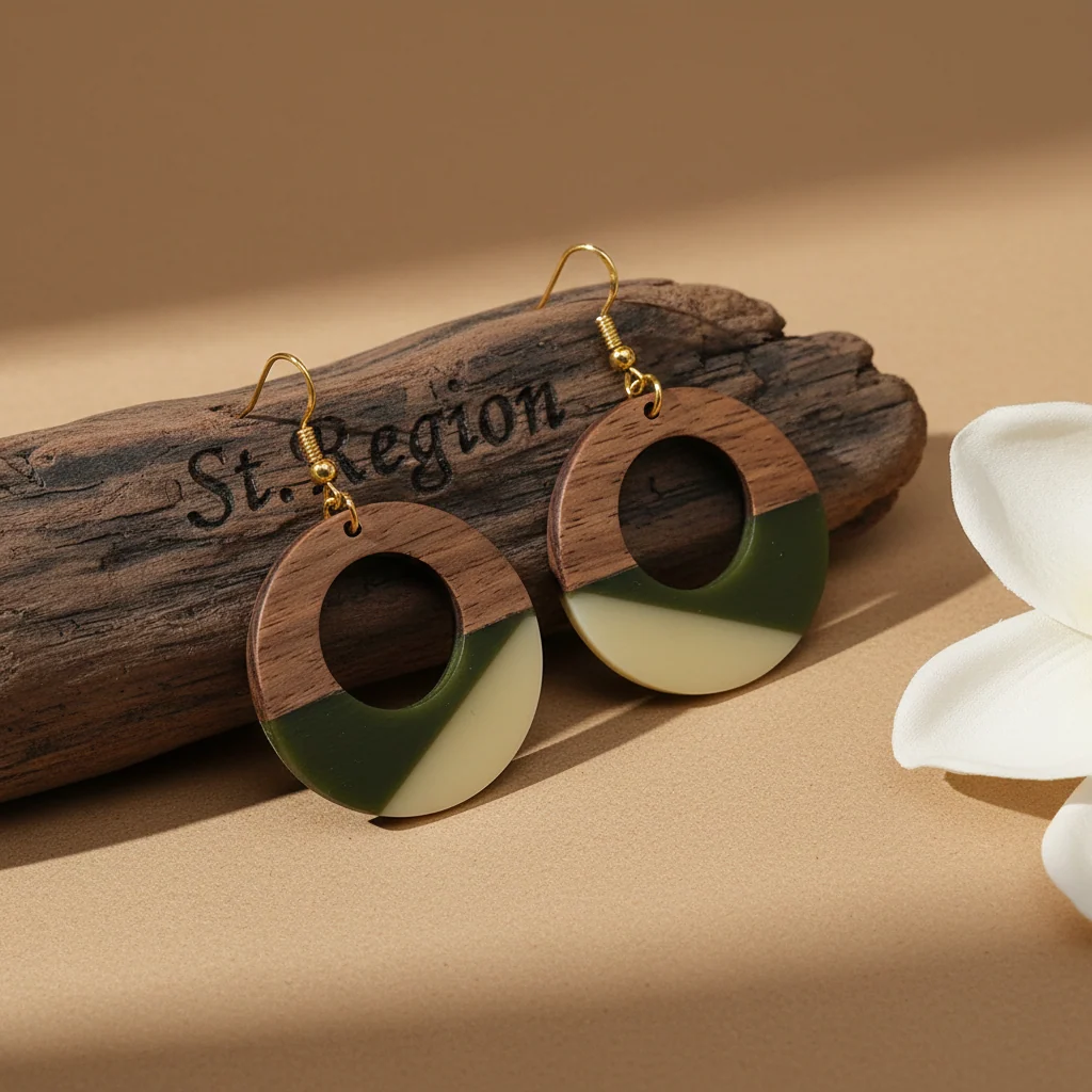 Green & White Resin Wood Goldtone Patchwork Open Circular Hook Earrings - Image 2