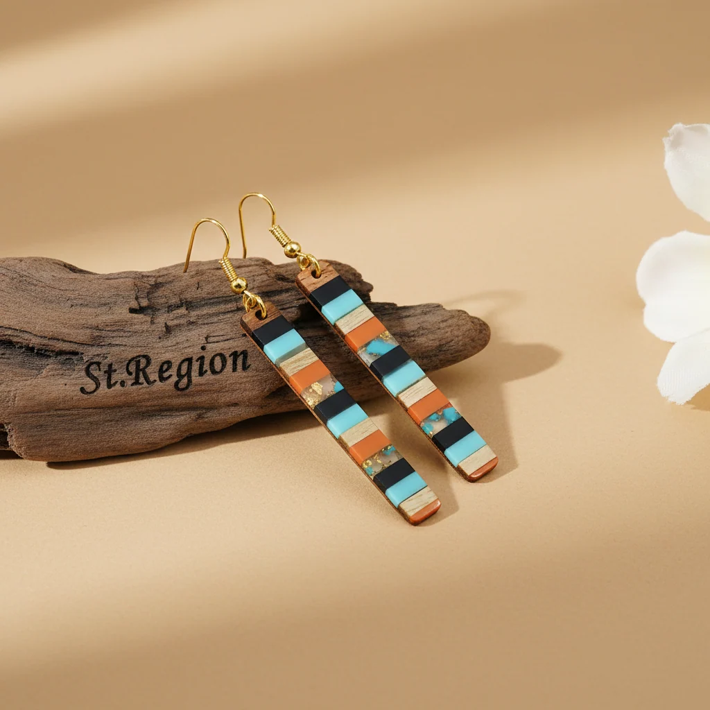 Blue & Orange Resin Wood Goldtone Striped Bar Hook Earrings - Image 2