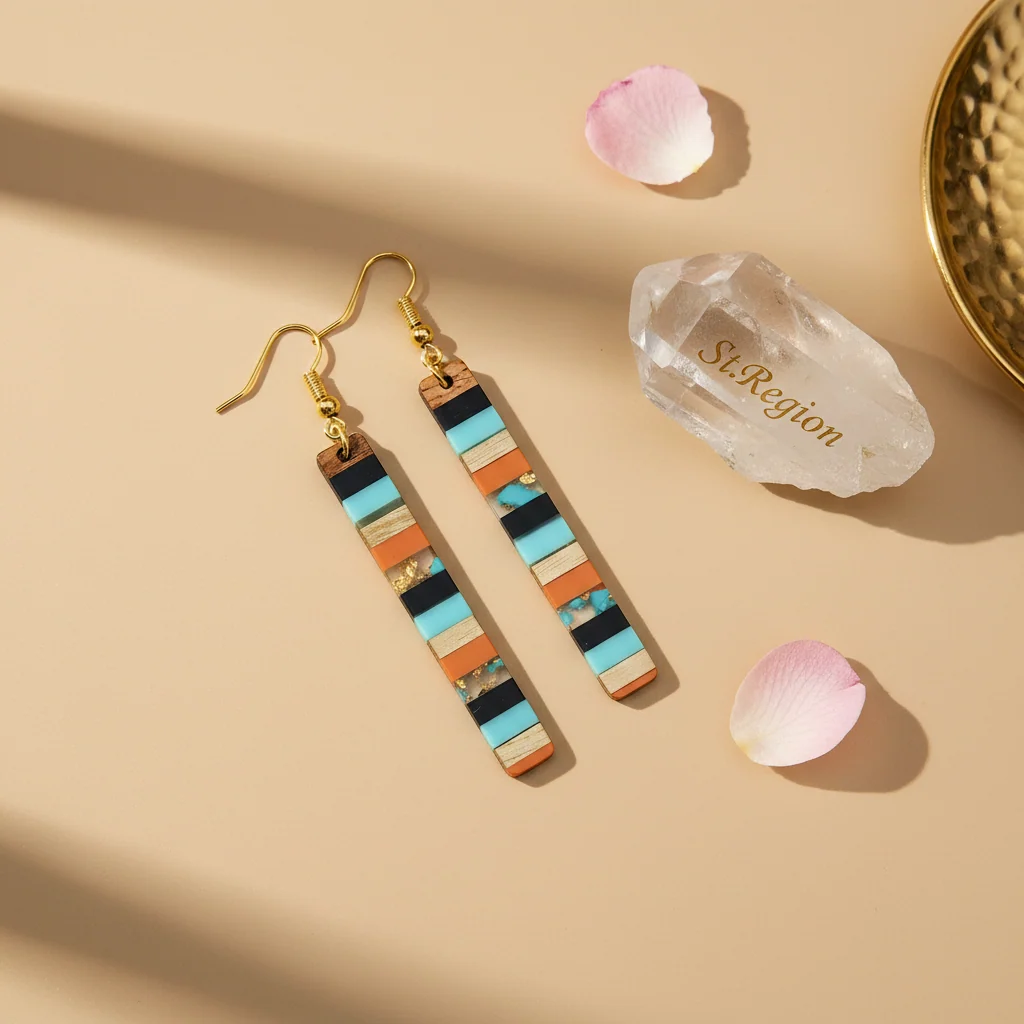 Blue & Orange Resin Wood Goldtone Striped Bar Hook Earrings - Image 3
