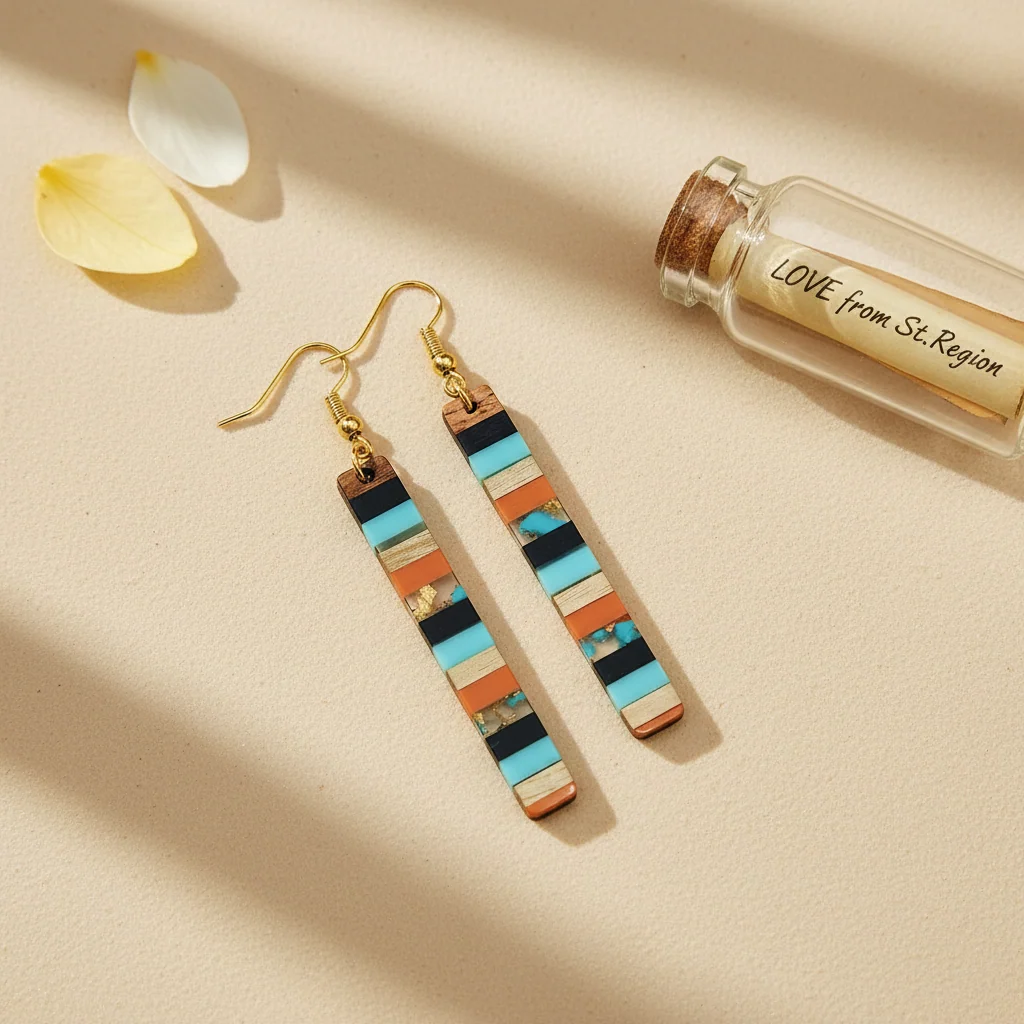 Blue & Orange Resin Wood Goldtone Striped Bar Hook Earrings - Image 4