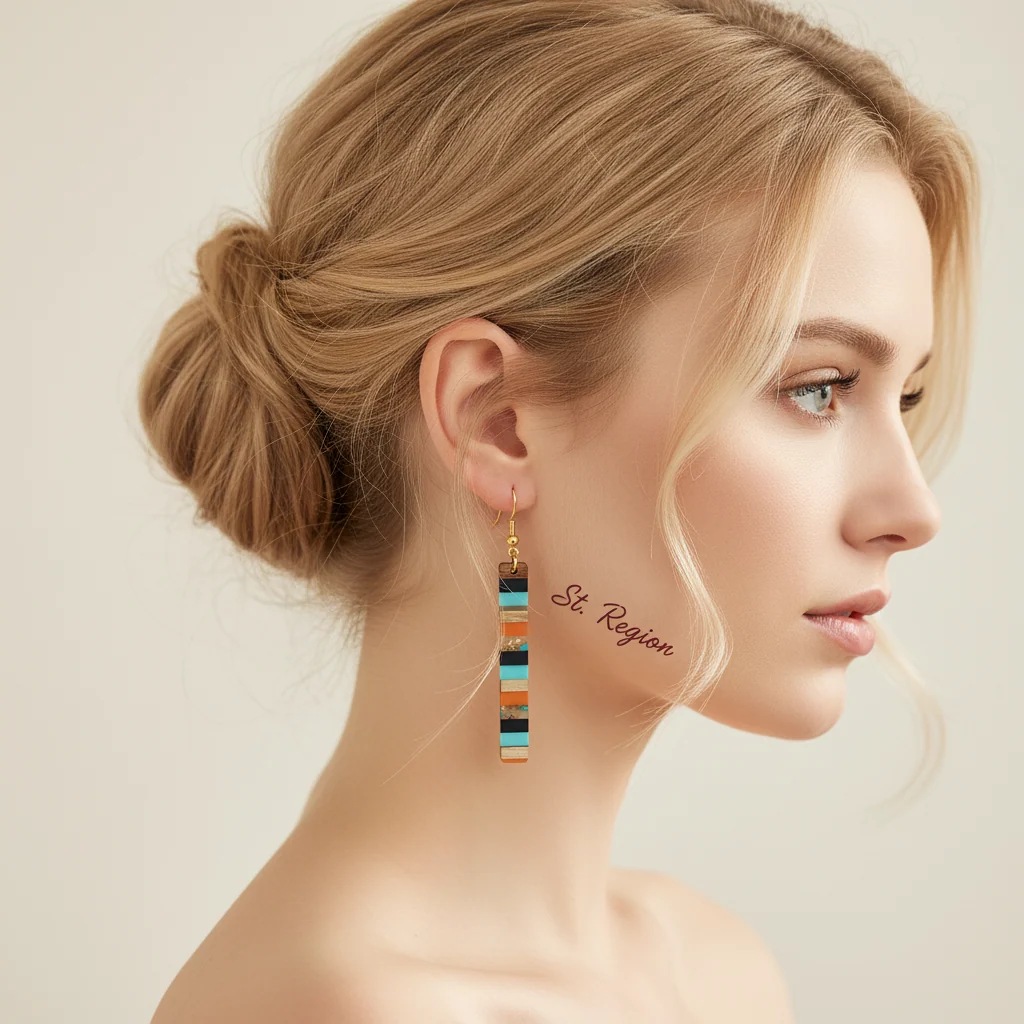 Blue & Orange Resin Wood Goldtone Striped Bar Hook Earrings - Image 5
