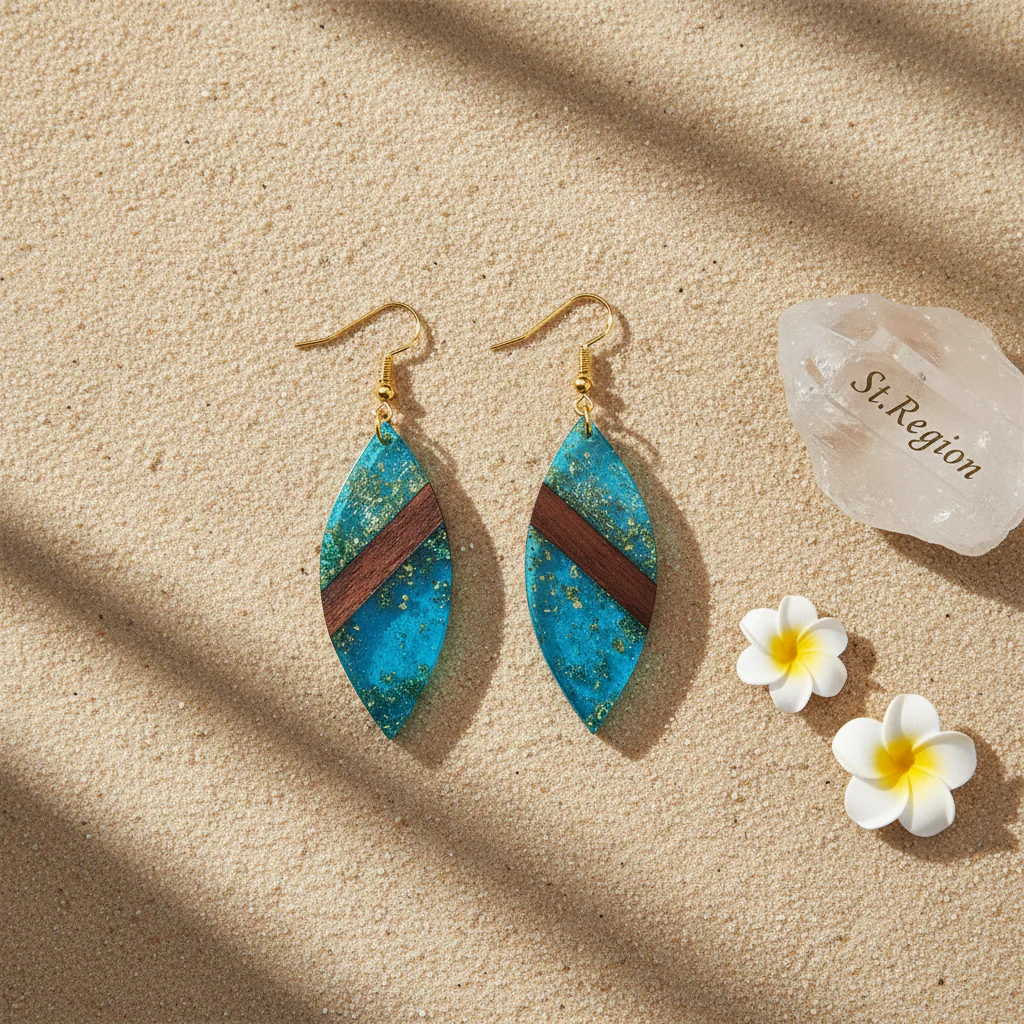 Blue Resin & Wood Goldtone Leaf Hook Earrings - Image 3