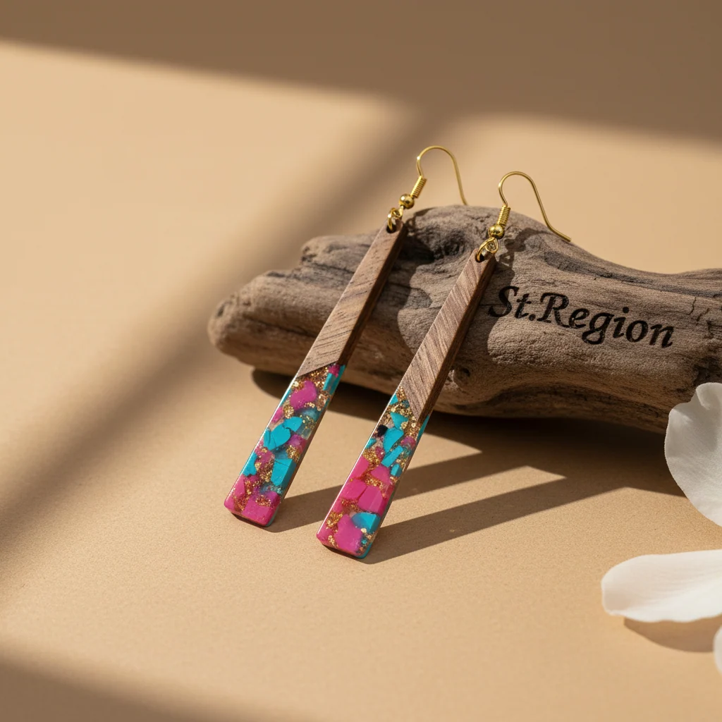 Rose & Blue Resin Wood Goldtone Long Trapezoid Hook Earrings - Image 2