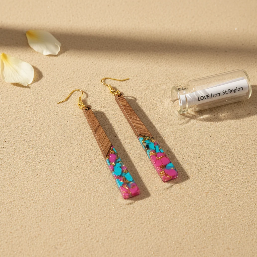 Rose & Blue Resin Wood Goldtone Long Trapezoid Hook Earrings - Image 4