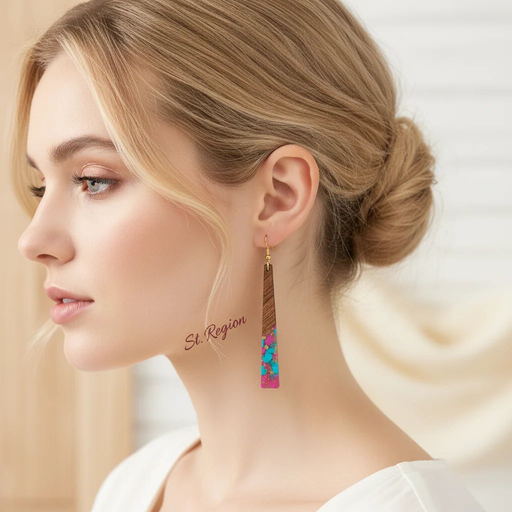 Rose & Blue Resin Wood Goldtone Long Trapezoid Hook Earrings - Image 5
