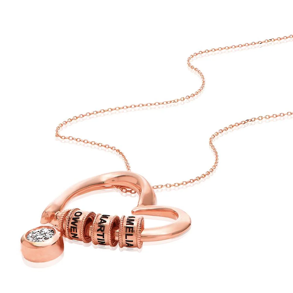 Charming Heart Necklace with Engraved Beads & 1CT Diamond in Rose Gold Plating - Image 2