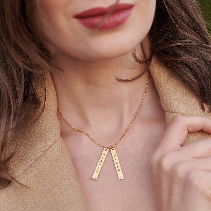 Engraved Vertical Bar Necklace with Diamonds in Gold Plating - Image 3