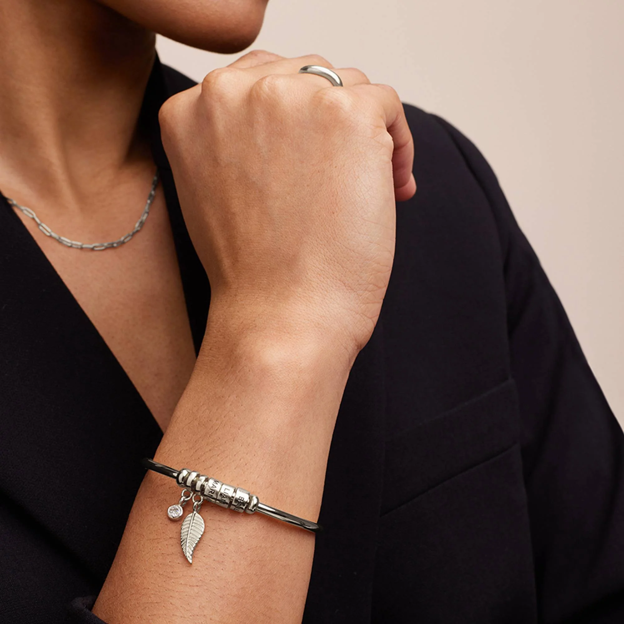 Linda Open Bangle Bracelet with Beads and 0.10CT Diamond in Silver - Image 2