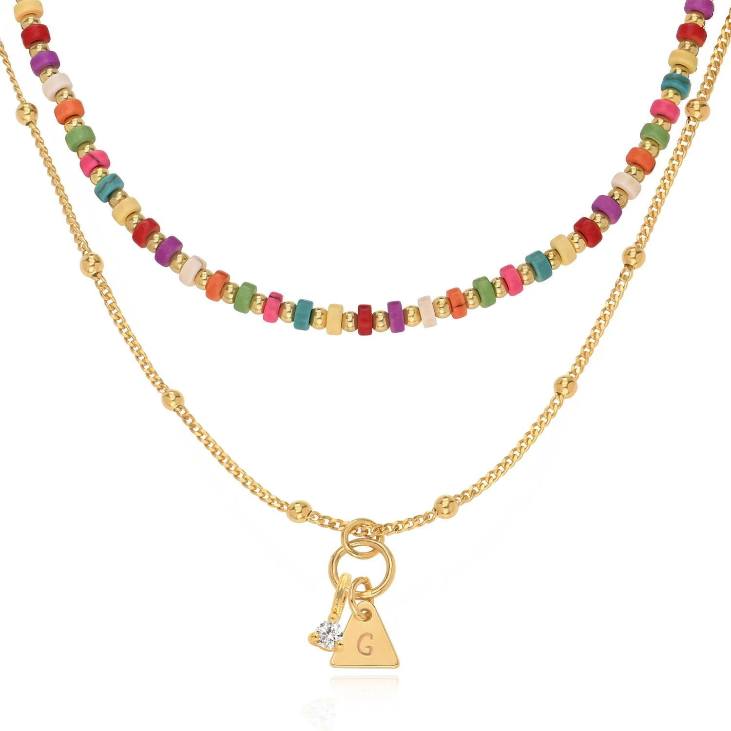 Tropical Layered Beaded Necklace with Initials and 0.10CT Diamonds in Gold Plating
