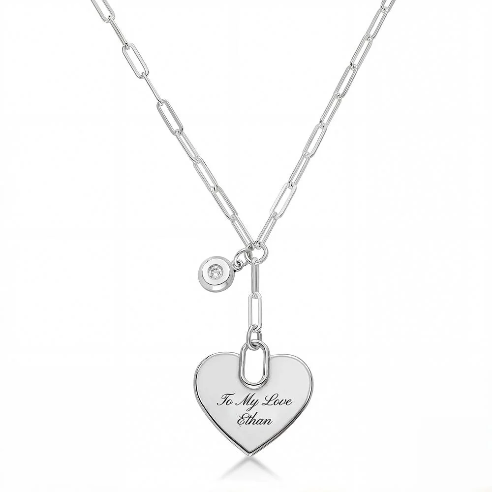 Written in Love Heart Paperclip  Necklace in Silver with Diamond