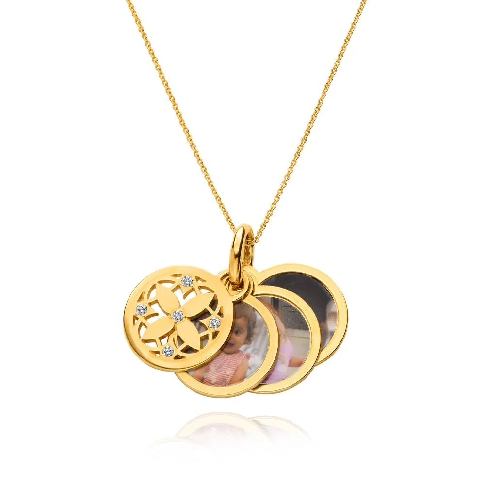 Floret Photo Pendant Necklace in 18K Gold Plating with 0.15CT Diamonds