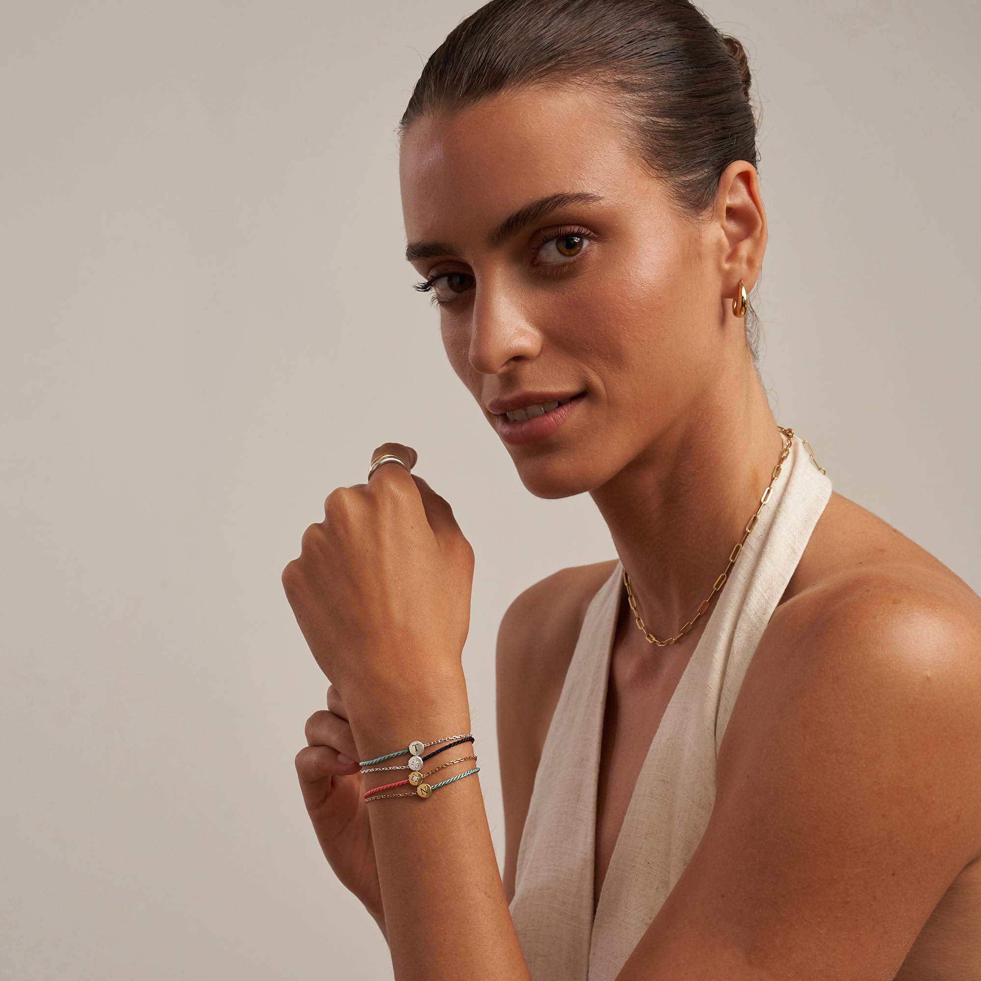 Half and Half Green Initial Bracelet with Diamond in 18K Gold Plating - Image 6