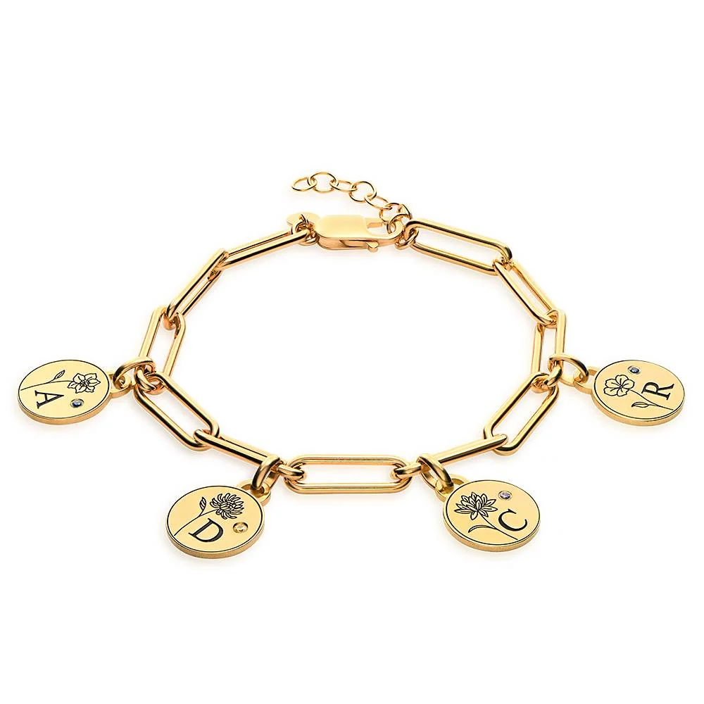 Prairie Birth Flower and Birthstone Initial Charm Bracelet in 18K Gold Plating