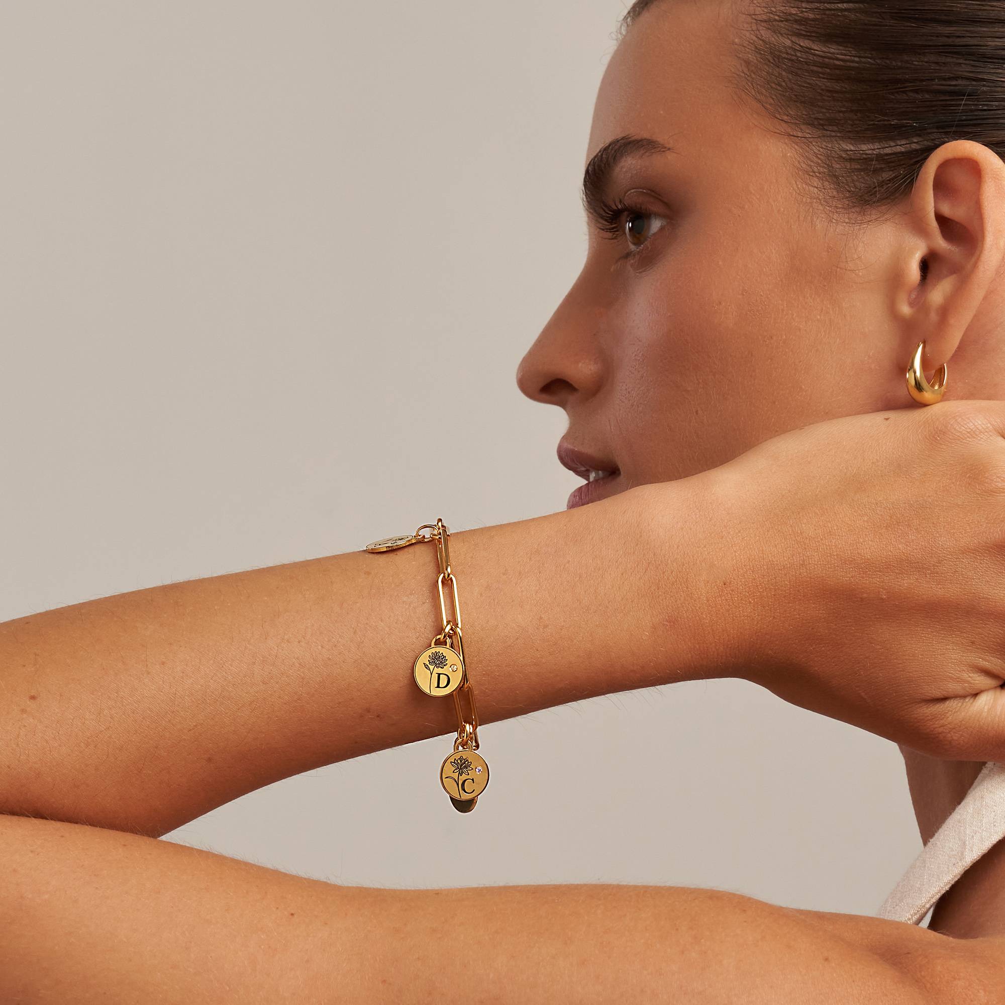 Prairie Birth Flower and Birthstone Initial Charm Bracelet in 18K Gold Plating - Image 2