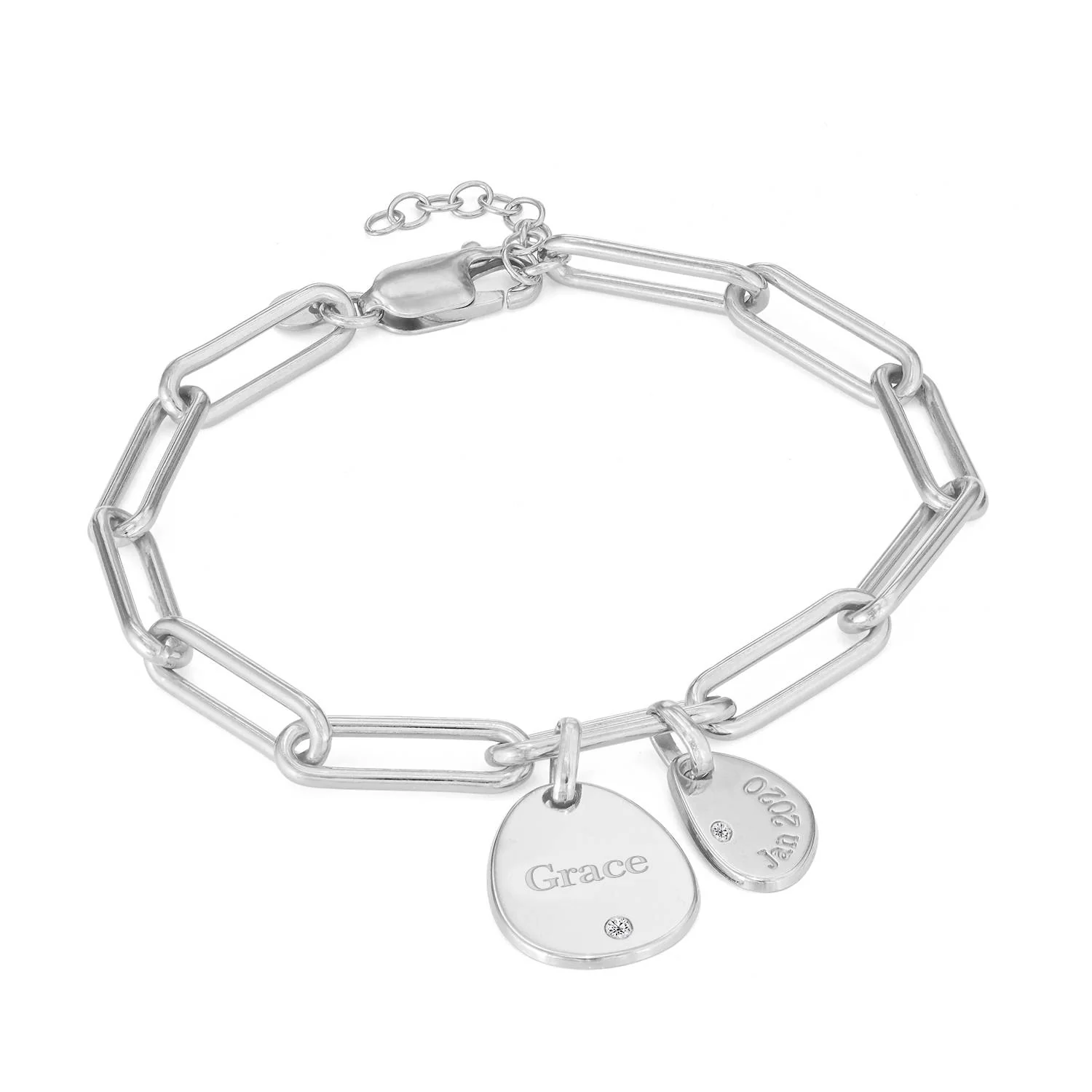Hazel Personalized Paperclip Chain Link Bracelet with Engraved Charms & Diamonds in Sterling Silver - Image 3