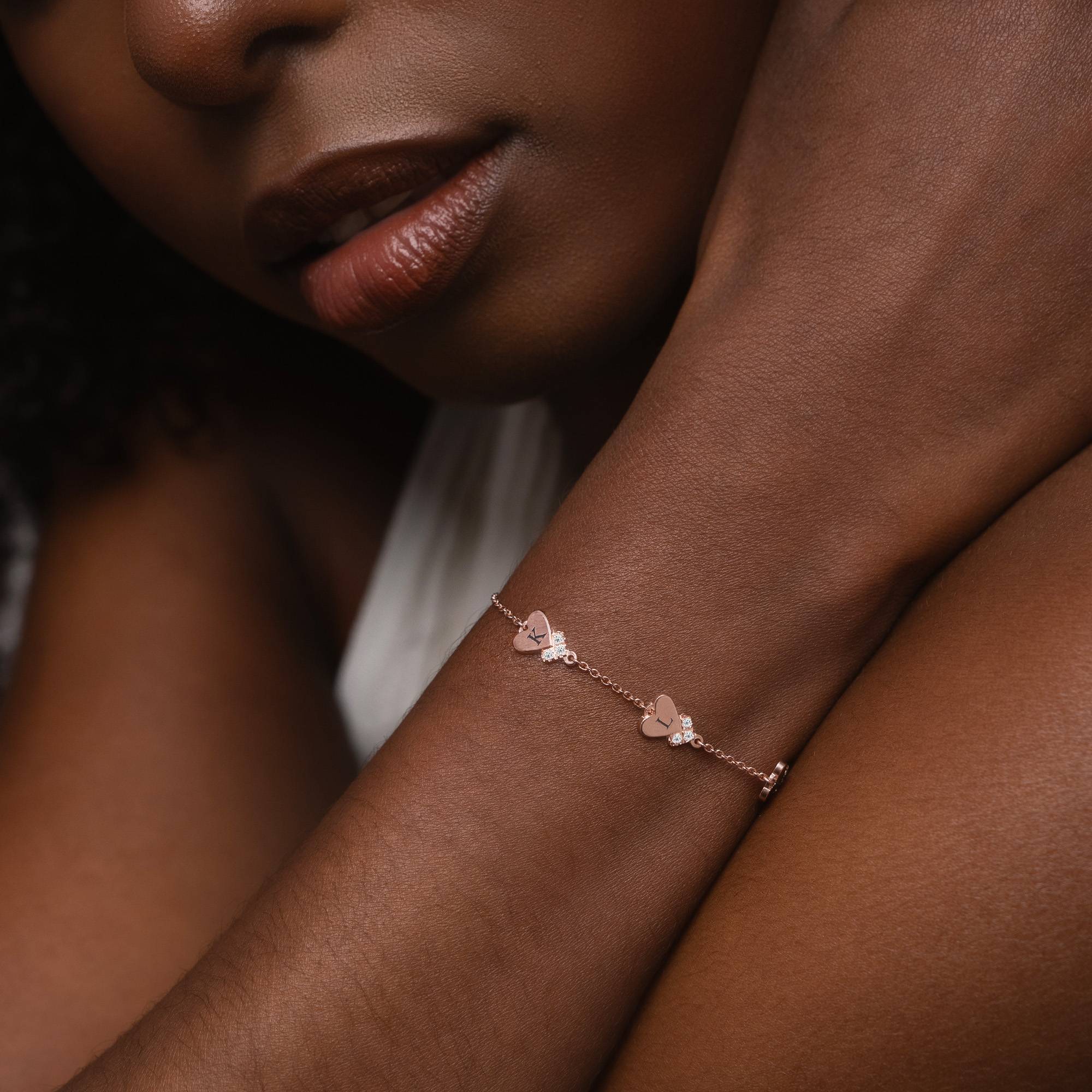 Dakota Heart Initial Bracelet with Diamonds in 18K Rose Gold Plating - Image 5