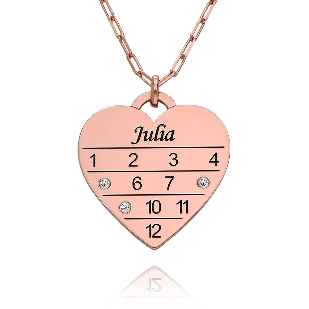 12 Month Calendar Heart Necklace with Diamonds in 18K Rose Gold Plating