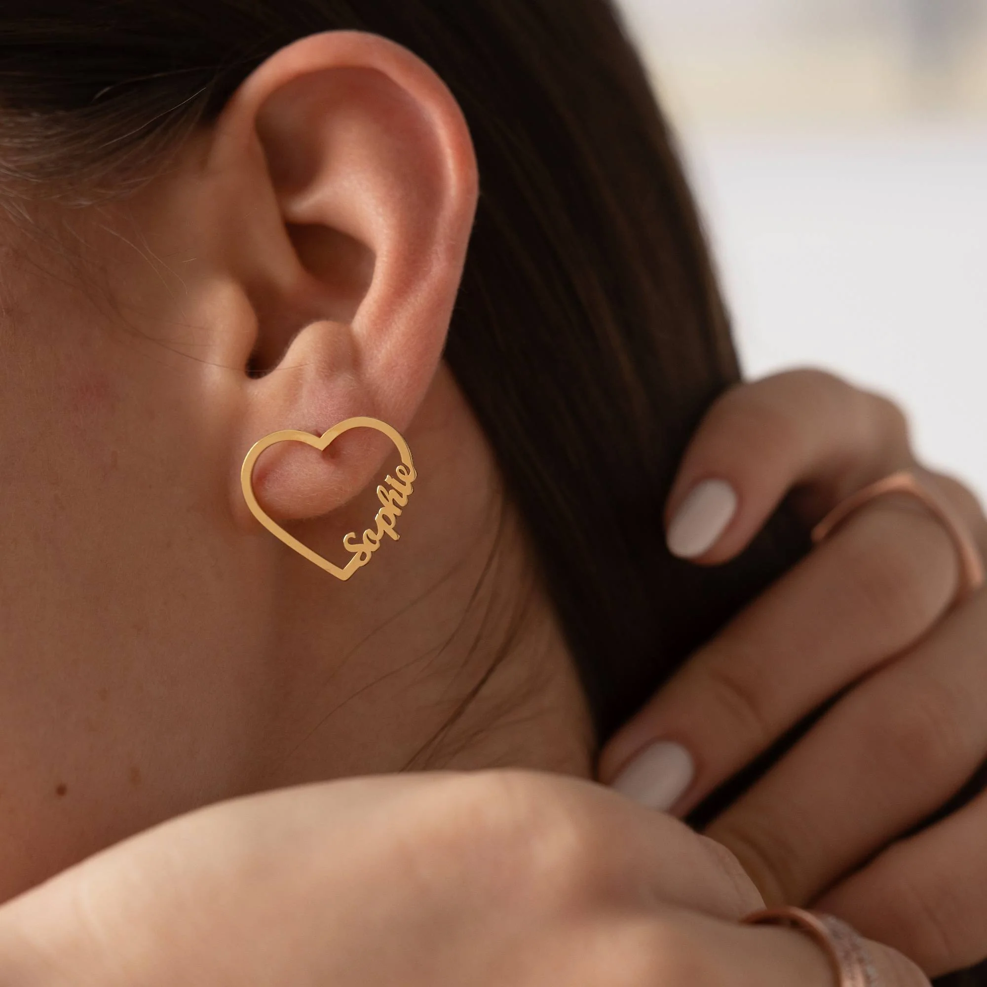 Contour Heart Name Earrings in 18K Gold Plating - Image 2