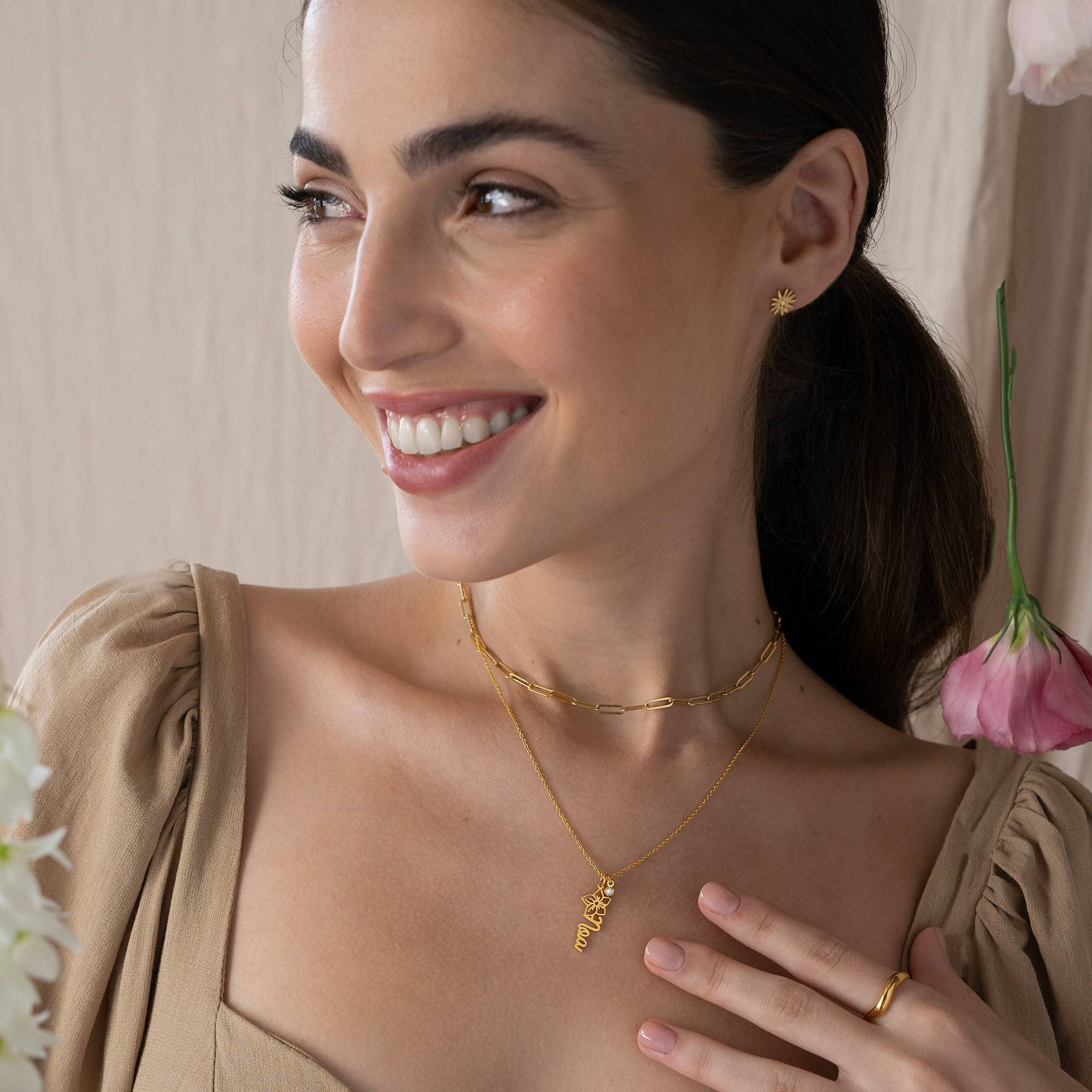 Blooming Birth Flower Name Necklace with Diamond in 14K Yellow Gold - Image 6