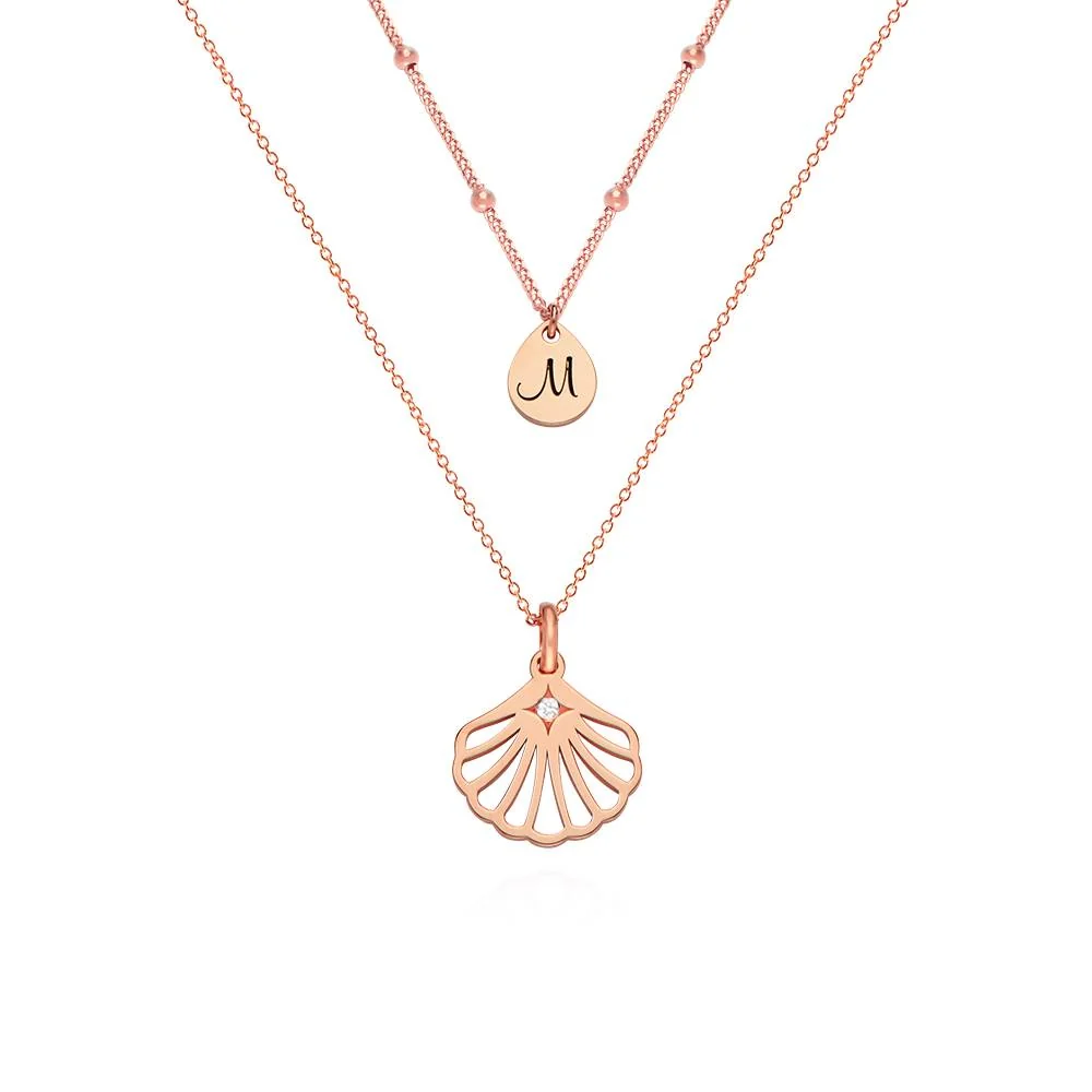 Ariel Shell Initial Necklace with Diamond in 18K Rose Gold Plating