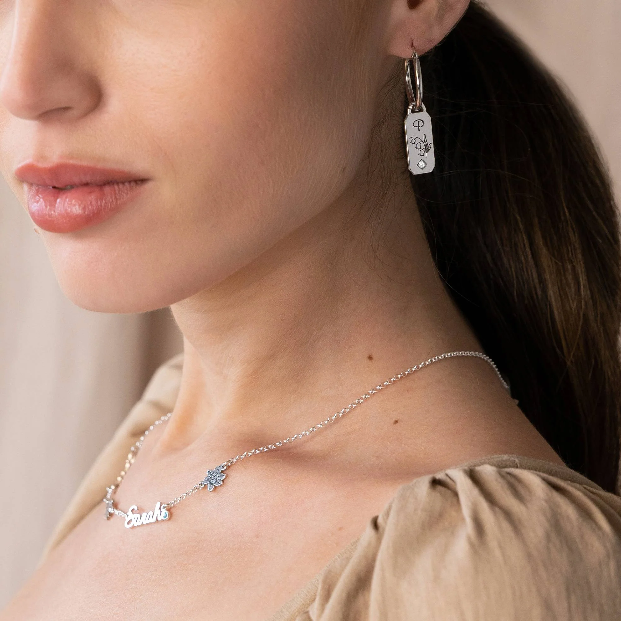Blooming Birth Flower Hoop Earrings with Diamond in Sterling Silver - Image 2