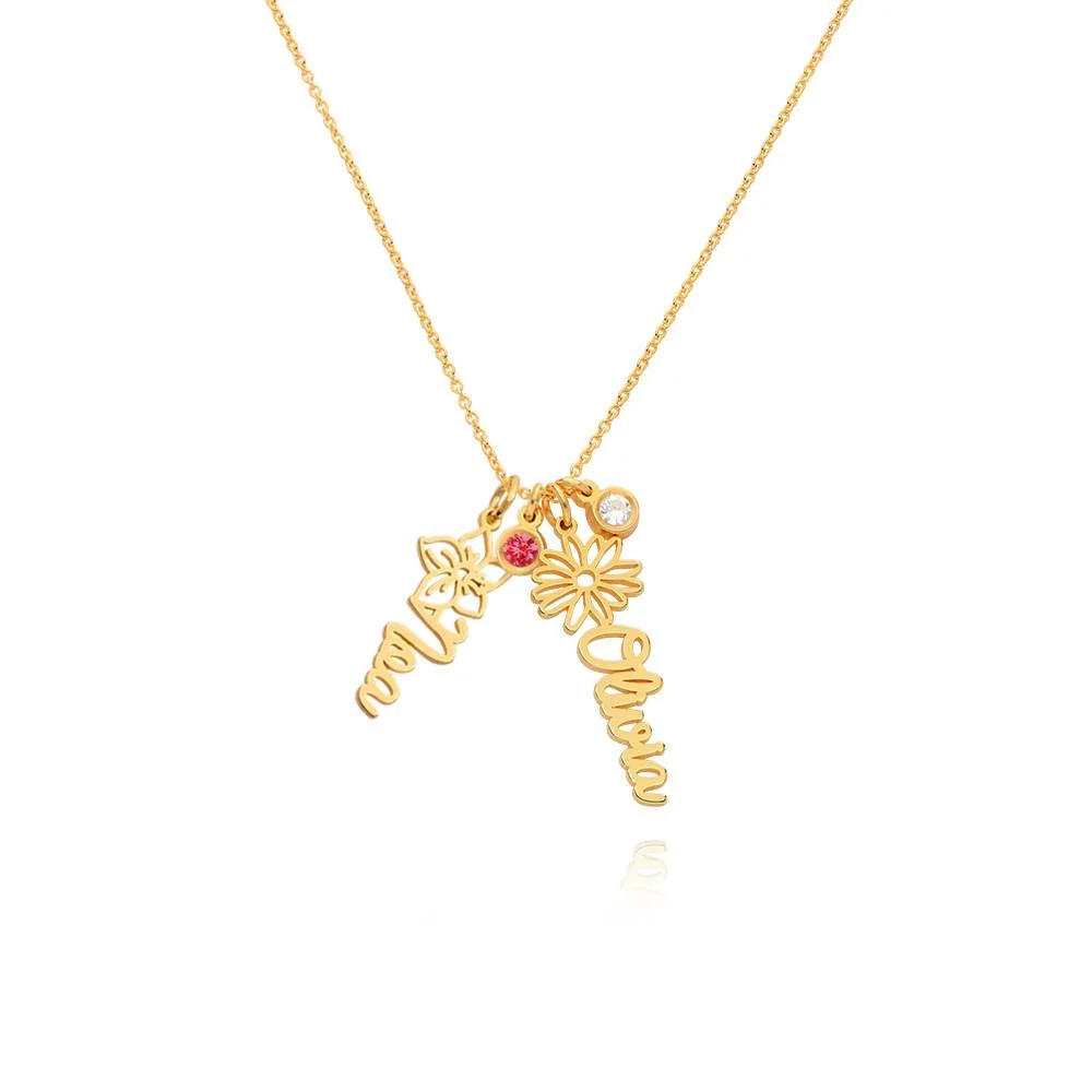 Blooming Birth Flower Name Necklace with Birthstone in 14K Yellow Gold - Image 5