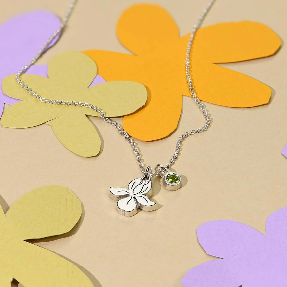Blooming Initial Birth Flower and Stone Pendant Necklace in Sterling Silver - Image 6
