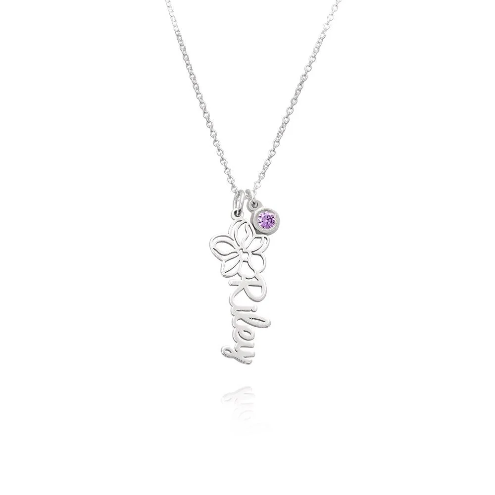 Blooming Birth Flower Name Necklace with Birthstone in Sterling Silver