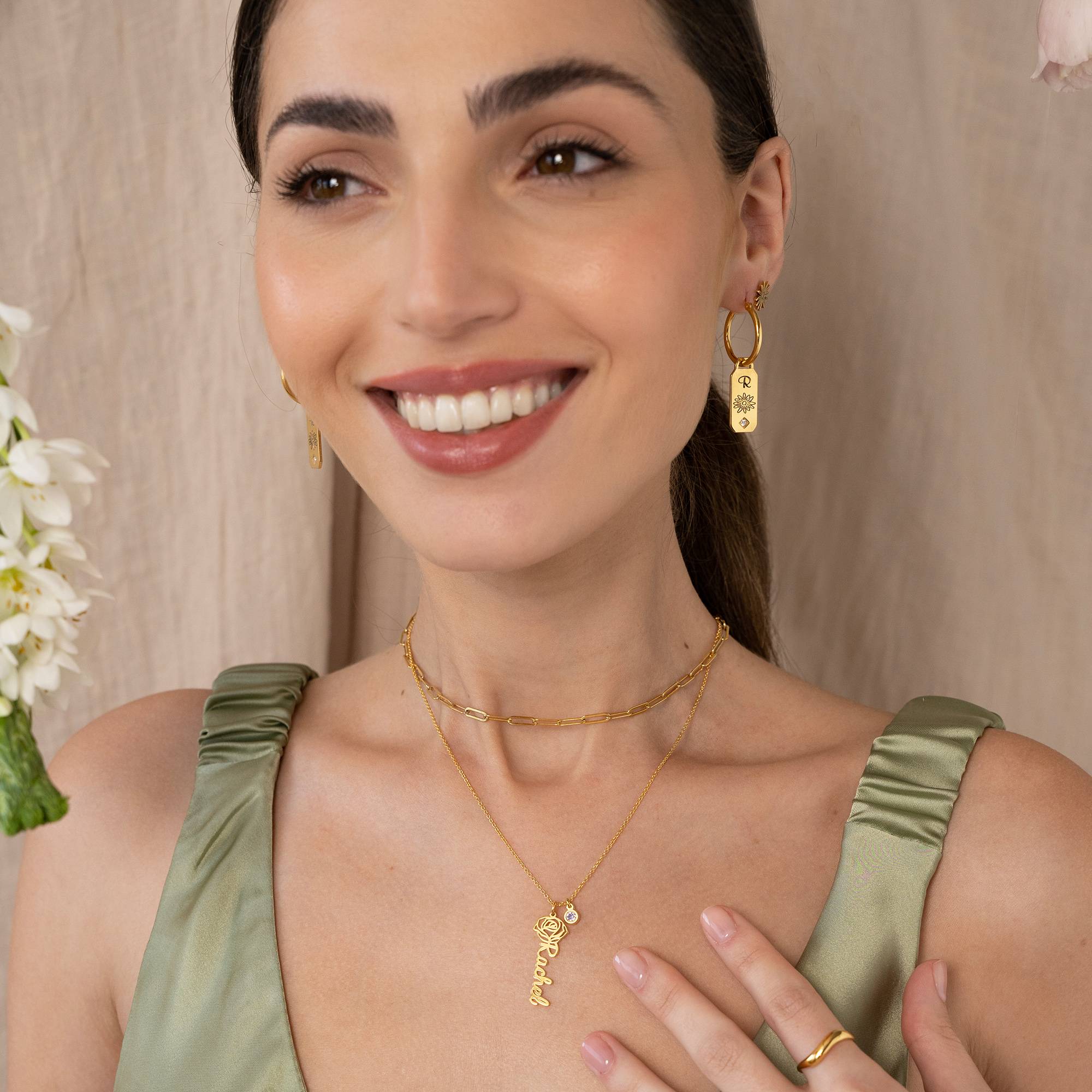 Blooming Birth Flower Name Necklace with Birthstone in 18K Gold Plating - Image 2