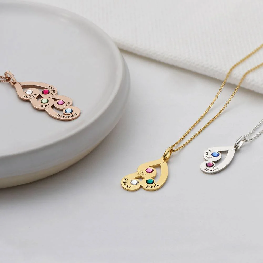 Engraved Family Pendant Necklace with Birthstones in Gold Vermeil - Image 5