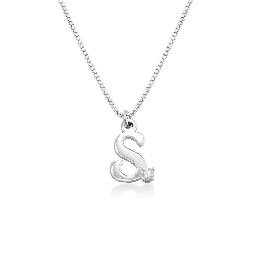Diamond Initial Necklace in Sterling Silver - Letter Necklace - Initial Pendant with Diamond