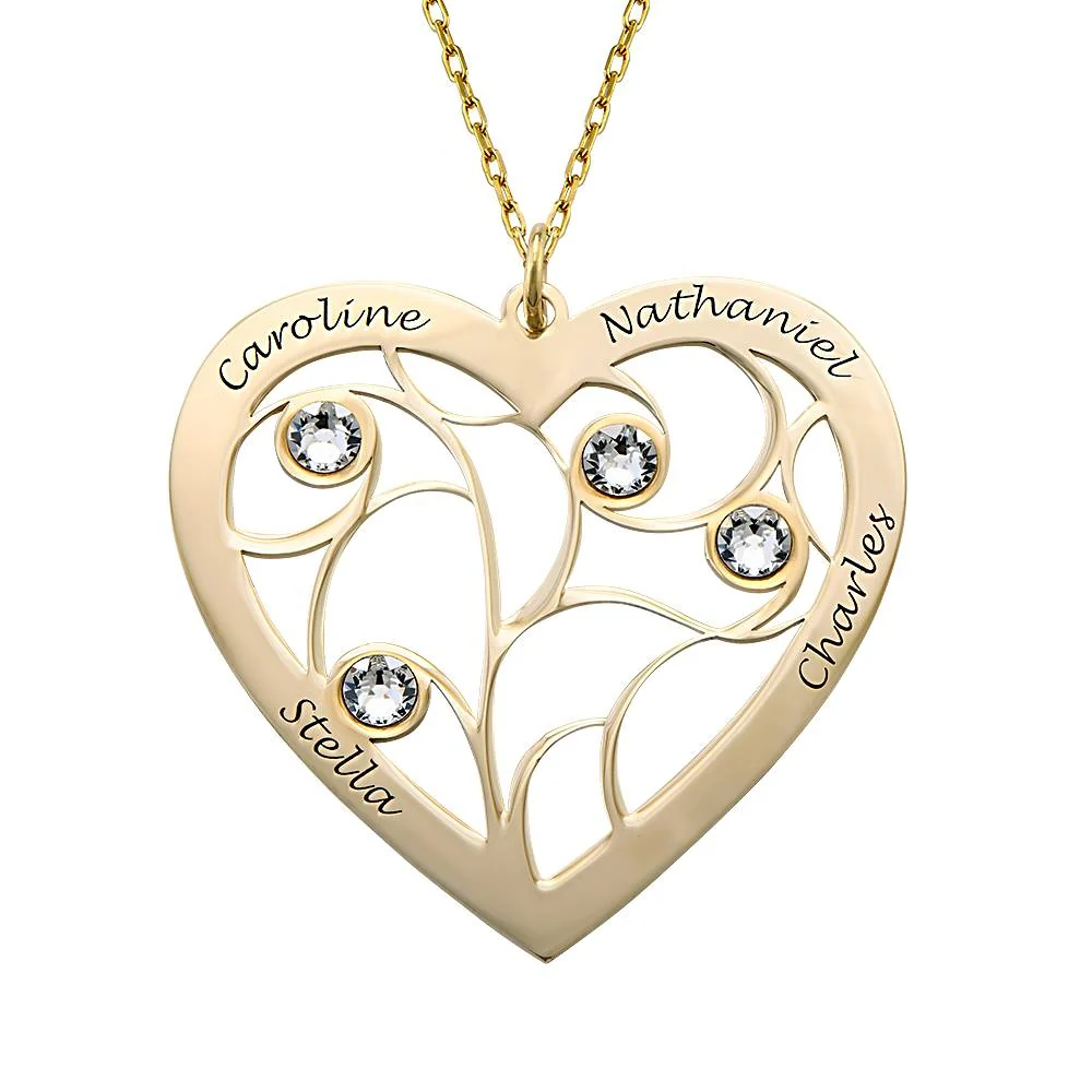 Heart Family Tree Necklace with Birthstones in Gold 10k
