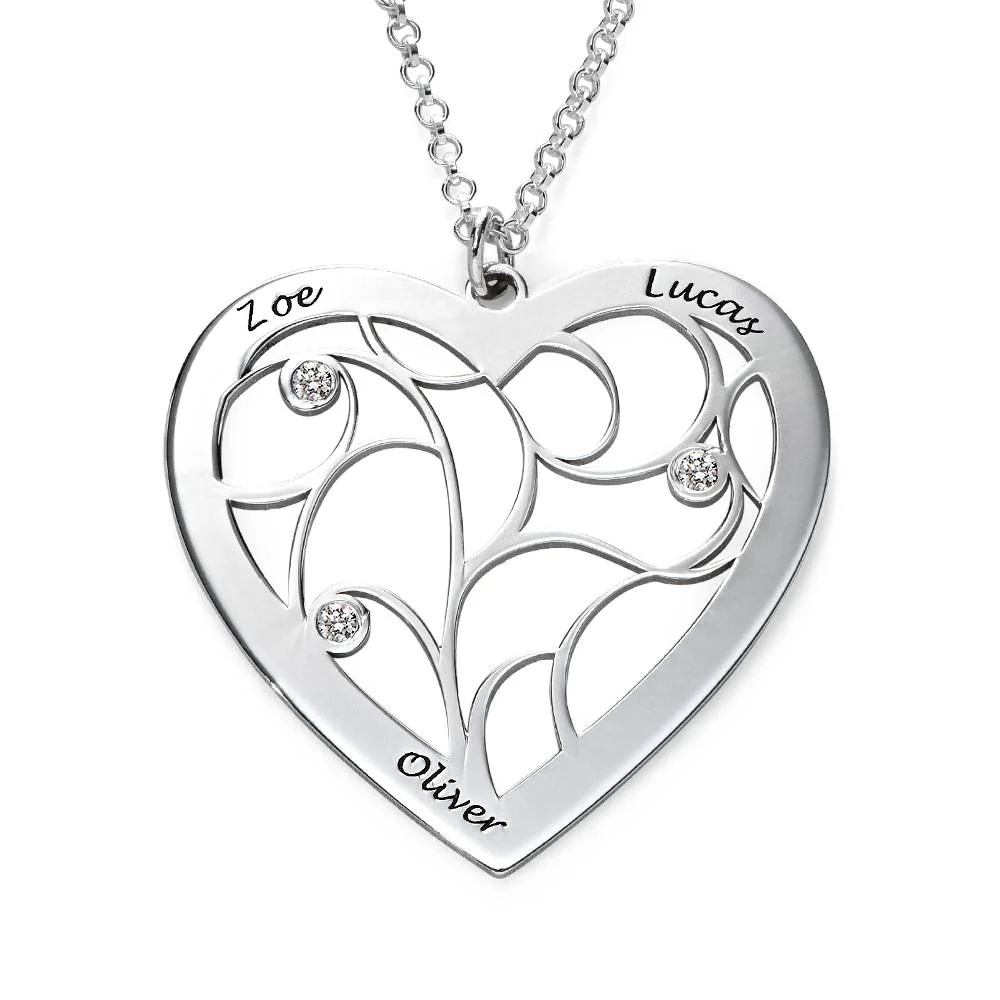 Heart Family Tree Necklace with Diamonds in Silver Sterling