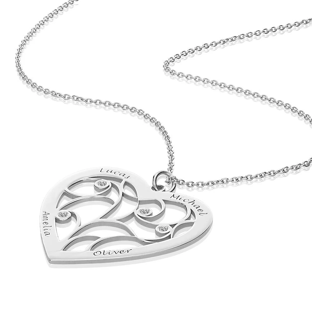 Heart Family Tree Necklace with Diamonds in Silver Sterling - Image 3